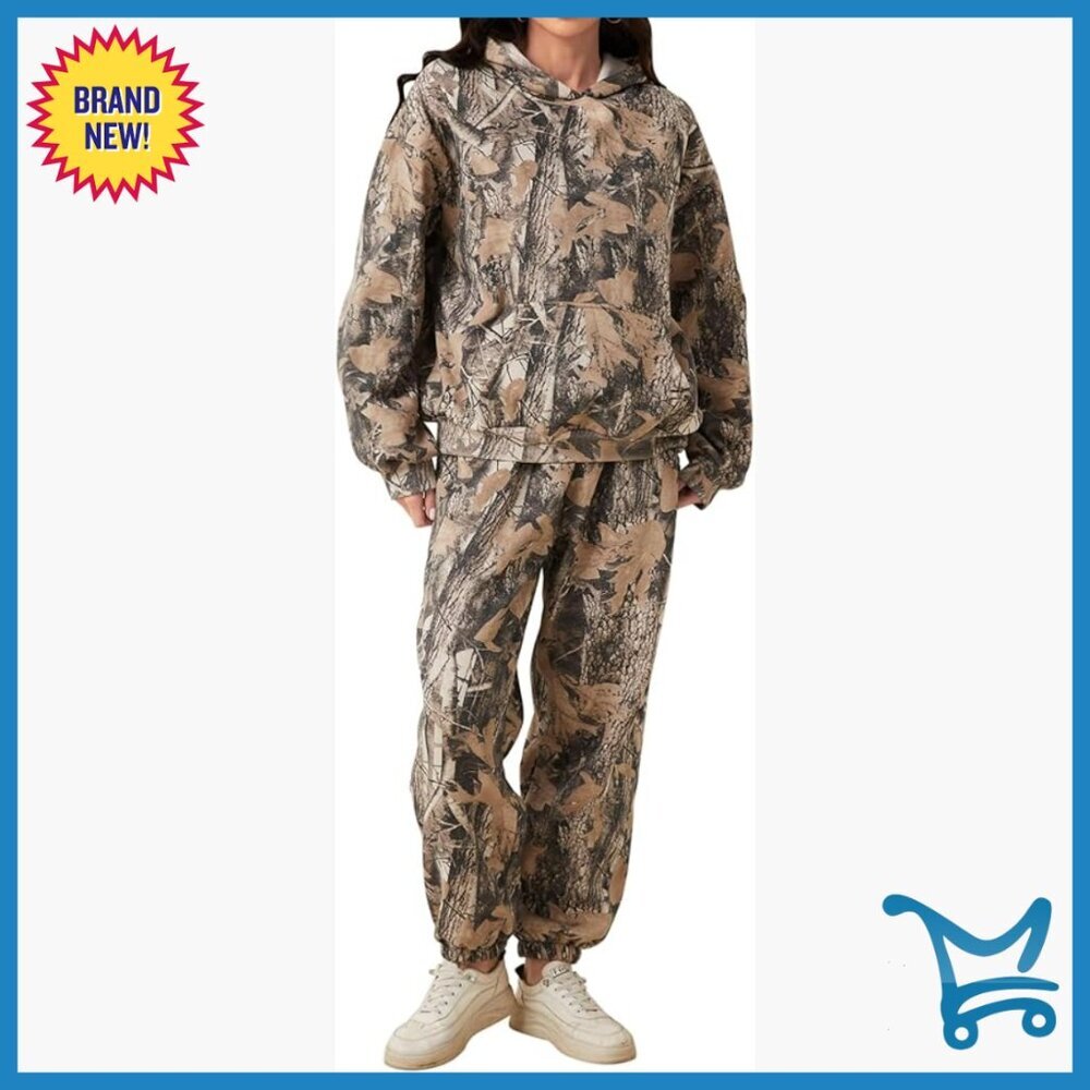 Women's Camo Sweatsuit Set, Fleece Lined Hoodie & Joggers, Loose Fit